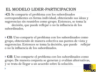EL MODELO LIDER-PARTICIPACION
CI: Se comparte el problema con los subordinados
correspondientes en forma individual, obteniendo sus ideas y
sugerencias sin reunirlos como grupo. Entonces, se toma la
     decisión, que puede reflejar o no la influencia de los
subordinados.

 CII: Uno comparte el problema con los subordinados como
grupo, obteniendo de manera colectiva sus puntos de vista y
sugerencias. Entonces se toma la decisión, que puede reflejar
o no la influencia de los subordinados.

 GII: Uno comparte el problema con los subordinados como
grupo. De manera conjunta se generan y evalúan alternativas,
y se trata de llegar a un acuerdo sobre la solución.
 