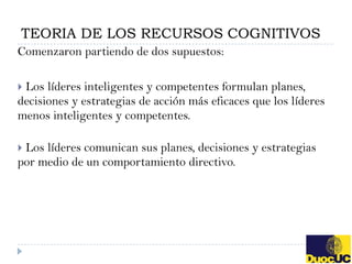 TEORIA DE LOS RECURSOS COGNITIVOS
Comenzaron partiendo de dos supuestos:

Los líderes inteligentes y competentes formulan planes,
decisiones y estrategias de acción más eficaces que los líderes
menos inteligentes y competentes.

Los líderes comunican sus planes, decisiones y estrategias
por medio de un comportamiento directivo.
 
