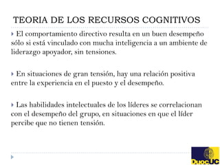 TEORIA DE LOS RECURSOS COGNITIVOS
 El comportamiento directivo resulta en un buen desempeño
sólo si está vinculado con mucha inteligencia a un ambiente de
liderazgo apoyador, sin tensiones.

En situaciones de gran tensión, hay una relación positiva
entre la experiencia en el puesto y el desempeño.

Las habilidades intelectuales de los líderes se correlacionan
con el desempeño del grupo, en situaciones en que el líder
percibe que no tienen tensión.
 