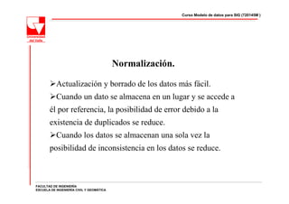 Curso Modelo de datos para SIG (720145M )




                                          Normalización.

           Actualización y borrado de los datos más fácil.
           Cuando un dato se almacena en un lugar y se accede a
       él por referencia, la posibilidad de error debido a la
       existencia de duplicados se reduce.
           Cuando los datos se almacenan una sola vez la
       posibilidad de inconsistencia en los datos se reduce.



FACULTAD DE INGENIERÍA
ESCUELA DE INGENIERÍA CIVIL Y GEOMÁTICA
 