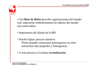 Curso Modelo de datos para SIG (720145M )




        • Una Base de Datos describe organizaciones del mundo
        real, representa simbólicamente los objetos del mundo
        real como tablas.

        • Importancia del diseño de la BD.

        • Diseño lógico: proceso iterativo.
            •Partir grandes estructuras heterogéneas en otras
            estructuras más pequeñas y homogéneas.

        • A este proceso se le llama normalización.


FACULTAD DE INGENIERÍA
ESCUELA DE INGENIERÍA CIVIL Y GEOMÁTICA
 