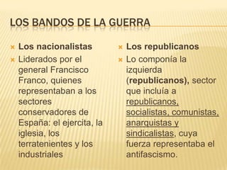 LOS BANDOS DE LA GUERRA

   Los nacionalistas            Los republicanos
   Liderados por el             Lo componía la
    general Francisco             izquierda
    Franco, quienes               (republicanos), sector
    representaban a los           que incluía a
    sectores                      republicanos,
    conservadores de              socialistas, comunistas,
    España: el ejercita, la       anarquistas y
    iglesia, los                  sindicalistas, cuya
    terratenientes y los          fuerza representaba el
    industriales                  antifascismo.
 