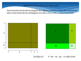 (a+b)(a+c)=
Para encontra el área del rectángulo de la figura, sumamos el área del cuadrado de
lado a más el área de los rectángulos con lado a, b; a, c y b, c, respectivamente.
a
a
PRODUCTO DE (a+b) (a+c)=a2+a(b+c)+bc
b
c
a2
ab
ac
bc
a2
+ab +ac +bc = a2+a(b+c)+bc
 