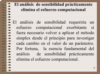 22
El análisis de sensibilidad prácticamente
elimina el esfuerzo computacional
El análisis de sensibilidad requeriría un
esfuerzo computacional exorbitante si
fuera necesario volver a aplicar el método
símplex desde el principio para investigar
cada cambio en el valor de un parámetro.
Por fortuna, la esencia fundamental del
análisis de sensibilidad prácticamente
elimina el esfuerzo computacional.
 