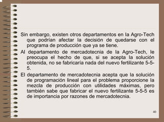 40
Sin embargo, existen otros departamentos en Ia Agro-Tech
que podrían afectar Ia decisión de quedarse con el
programa de producción que ya se tiene.
Al departamento de mercadotecnia de Ia Agro-Tech, Ie
preocupa el hecho de que, si se acepta Ia solución
obtenida, no se fabricaría nada del nuevo fertilizante 5-5-
5.
El departamento de mercadotecnia acepta que Ia solución
de programación lineal para el problema proporcione Ia
mezcla de producción con utilidades máximas, pero
también sabe que fabricar el nuevo fertilizante 5-5-5 es
de importancia por razones de mercadotecnia.
 