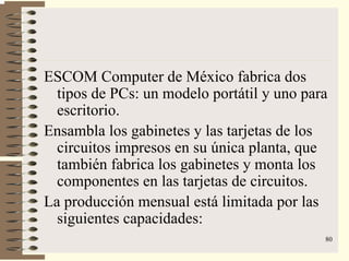 80
ESCOM Computer de México fabrica dos
tipos de PCs: un modelo portátil y uno para
escritorio.
Ensambla los gabinetes y las tarjetas de los
circuitos impresos en su única planta, que
también fabrica los gabinetes y monta los
componentes en las tarjetas de circuitos.
La producción mensual está limitada por las
siguientes capacidades:
 