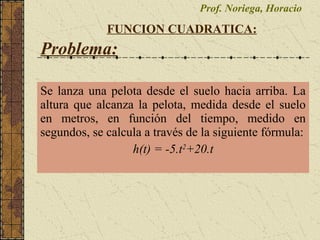 Prof. Noriega, Horacio
FUNCION CUADRATICA:
Problema:
Se lanza una pelota desde el suelo hacia arriba. La
altura que alcanza la pelota, medida desde el suelo
en metros, en función del tiempo, medido en
segundos, se calcula a través de la siguiente fórmula:
h(t) = -5.t2
+20.t
 