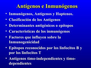 Antígenos e InmunógenosAntígenos e Inmunógenos
• Inmunógenos, Antígenos y Haptenos.
• Clasificación de los Antígenos
• Determinantes antigénicos o epítopos
• Características de los inmunógenos
• Factores que influyen sobre la
Inmunogenicidad
• Epítopos reconocidos por los linfocitos B y
por los linfocitos T
• Antígenos timo-independientes y timo-
dependientes
 