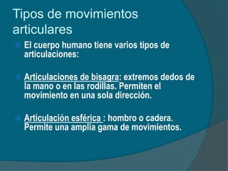 Tipos de movimientos
articulares
 El cuerpo humano tiene varios tipos de
articulaciones:
 Articulaciones de bisagra: extremos dedos de
la mano o en las rodillas. Permiten el
movimiento en una sola dirección.
 Articulación esférica : hombro o cadera.
Permite una amplia gama de movimientos.
 