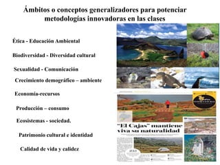 Ética - Educación Ambiental
Ámbitos o conceptos generalizadores para potenciar
metodologías innovadoras en las clases
Biodiversidad - Diversidad cultural
Sexualidad - Comunicación
Crecimiento demográfico – ambiente
Economía-recursos
Producción – consumo
Ecosistemas - sociedad.
Patrimonio cultural e identidad
Calidad de vida y calidez
 