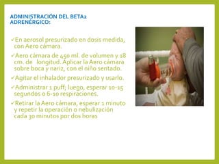 ADMINISTRACIÓN DEL BETA2
ADRENÉRGICO:
En aerosol presurizado en dosis medida,
con Aero cámara.
Aero cámara de 450 ml. de volumen y 18
cm. de longitud. Aplicar la Aero cámara
sobre boca y nariz, con el niño sentado.
Agitar el inhalador presurizado y usarlo.
Administrar 1 puff; luego, esperar 10-15
segundos o 6-10 respiraciones.
Retirar la Aero cámara, esperar 1 minuto
y repetir la operación o nebulización
cada 30 minutos por dos horas
 