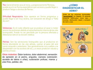 Tos: Generalmente seca al inicio, y progresivamente flemosa,
puede ocurrir en forma esporádica o por accesos y puede llegar a
producir fatiga o vómitos de flemas.
Dificultad Respiratoria: Esta aparece en forma progresiva y
puede llegar a ser muy severa, con sensación de ahogo o "falta
de aire“.
Sibilancias: Es el ruido silbante que se produce al sacar o meter
aire en los pulmones debido al estrechamiento interno de las vías
bronquiales. Puede no ser percibido por la persona afectada y
detectarse sólo en la revisión médica.
Flemas: Son las secreciones bronquiales que al producirse en
forma abundante en las vías aéreas, suenan al paso del aire
como ronquido o estertores. Son generalmente muy sueltas y se
desprenden con los accesos de tos, y a veces producen náusea y
vómito al toser.
¿CÓMO
DIAGNOSTICAR EL
ASMA?
Otras molestias: Dolor torácico, dolor abdominal, sensación
de opresión en el pecho, angustia, cianosis (coloración
azulada de labios o uñas), sudoración profusa, manos y
pies fríos, palidez, etc.
Antes de los síntomas bronquiales,
"anunciando" su llegada. El paciente
presenta: estornudos, moco claro o
rinorrea, obstrucción nasal y comezón
de nariz y ojos.
 
