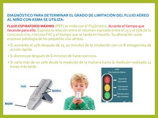 DIAGNÓSTICO PARA DETERMINAR EL GRADO DE LIMITACIÓN DEL FLUJO AÉREO
AL NIÑO CON ASMA SE UTILIZA:
FLUJO ESPIRATORIO MÁXIMO (PEF) se mide con el Flujómetro, durante el tiempo que
necesite para ello. Expresa la relación entre el volumen espirado entre el 25 y el 75% de la
CAPACIDADVITAL FORZADA FVC y el tiempo que se tarda en hacerlo. Su alteración suele
expresar patología de las pequeñas vías aéreas.
 Si aumenta el 15% después de 15-20 minutos de la inhalación con un B antagonista de
acción rápida.
 Si disminuye después de 6 minutos de hacer ejercicio.
 Si varía más de un 20% desde la medición de la mañana hasta la medición realizada 12
horas más tarde.
 