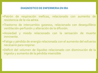 DIAGNOSTICO DE ENFERMERIA EN IRA
Patrón de respiración ineficaz, relacionado con aumento de
resistencia de la vía aérea.
Trastorno de intercambio gaseoso, relacionado con desequilibrio
ventilación-perfusión y alteración de la difusión.
Ansiedad y miedo relacionado con la sensación de muerte
inminente.
Fatiga y pérdida de energía relacionada con el aumento del esfuerzo
necesario para respirar.
Déficit del volumen de líquidos relacionado con disminución de la
ingesta y aumento de la pérdida insensible
 
