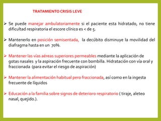 TRATAMIENTO CRISIS LEVE
 Se puede manejar ambulatoriamente si el paciente esta hidratado, no tiene
dificultad respiratoria el escore clínico es < de 5.
 Mantenerlo en posición semisentada, la decúbito disminuye la movilidad del
diafragma hasta en un 70%.
 Mantener las vías aéreas superiores permeables mediante la aplicación de
gotas nasales y la aspiración frecuente con bombilla. Hidratación con vía oral y
fraccionada (para evitar el riesgo de aspiración)
 Mantener la alimentación habitual pero fraccionada, así como en la ingesta
frecuente de líquidos
 Educación a la familia sobre signos de deterioro respiratorio ( tiraje, aleteo
nasal, quejido.).
 