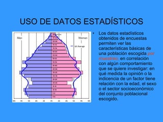 USO DE DATOS ESTADÍSTICOS Los datos estadísticos obtenidos de encuestas permiten ver las características básicas de una población escogida  por muestreo,  en correlación con algún comportamiento que se quiere investigar: en qué medida la opinión o la indicencia de un factor tiene relación con la edad, el sexo o el sector socioeconómico del conjunto poblacional escogido.  