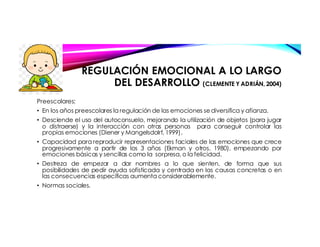 REGULACIÓN EMOCIONAL A LO LARGO
DEL DESARROLLO (CLEMENTE Y ADRIÁN, 2004)
Preescolares:
• En los años preescolares la regulación de las emociones sediversifica y afianza.
• Desciende el uso del autoconsuelo, mejorando la utilización de objetos (para jugar
o distraerse) y la interacción con otras personas para conseguir controlar las
propias emociones (Diener y Mangelsdolrf, 1999).
• Capacidad para reproducir representaciones faciales de las emociones que crece
progresivamente a partir de los 3 años (Ekman y otros, 1980), empezando por
emociones básicas y sencillas como la sorpresa, o la felicidad.
• Destreza de empezar a dar nombres a lo que sienten, de forma que sus
posibilidades de pedir ayuda sofisticada y centrada en las causas concretas o en
las consecuencias específicas aumenta considerablemente.
• Normas sociales.
 