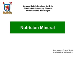 Nutrición Mineral
Universidad de Santiago de Chile
Facultad de Química y Biología
Departamento de Biología
Dra. Marisol Pizarro Rojas
marisol.pizarror@usach.cl
 