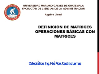 DEFINICIÓN DE MATRICES
OPERACIONES BÁSICAS CON
MATRICES
Catedrático: Ing. Noé Abel Castillo Lemus
UNIVERSIDAD MARIANO GALVEZ DE GUATEMALA
FACULCTAD DE CIENCIAS DE LA ADMINISTRACIÓN
Algebra Lineal
 