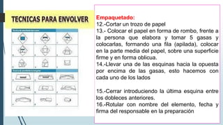 Empaquetado:
12.-Cortar un trozo de papel
13.- Colocar el papel en forma de rombo, frente a
la persona que elabora y tomar 5 gasas y
colocarlas, formando una fila (apilada), colocar
en la parte media del papel, sobre una superficie
firme y en forma oblicua.
14.-Llevar una de las esquinas hacia la opuesta
por encima de las gasas, esto hacemos con
cada uno de los lados
15.-Cerrar introduciendo la última esquina entre
los dobleces anteriores.
16.-Rotular con nombre del elemento, fecha y
firma del responsable en la preparación
 