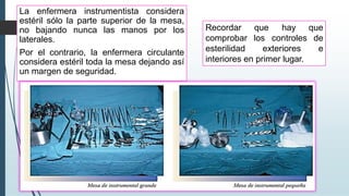 La enfermera instrumentista considera
estéril sólo la parte superior de la mesa,
no bajando nunca las manos por los
laterales.
Por el contrario, la enfermera circulante
considera estéril toda la mesa dejando así
un margen de seguridad.
Recordar que
comprobar los
esterilidad exteriores
hay que
controles de
e
interiores en primer lugar.
 