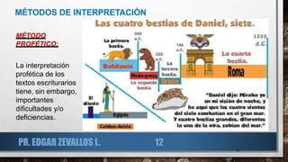 13
MÉTODOS DE INTERPRETACIÓN
MÉTODO
PROFÉTICO:
La interpretación
profética de los
textos escriturarios
tiene, sin embargo,
importantes
dificultades y/o
deficiencias.
PR. EDGAR ZEVALLOS L. 12
 