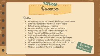 Photos
● Kids paying attention to their kindergarten students
● Side view school boy holding a pile of books
● School female colleagues reading
● Woman teaching english lessons online at
● Kids paying attention to their kindergarten
● Front view school kids playing together
● High angle smiley boy with glasses studying
● Elderly man with crossed arms looking at camera
● Portrait of college student holding some books
● Kids protecting themselves with face masks in class
● Portrait of students in the university hall
● Medium shot family having fun together
Resources
 