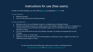 Instructions for use (free users)
In order to use this template, you must credit Slidesgo by keeping the Thanks slide.
You are allowed to:
● Modify this template.
● Use it for both personal and commercial purposes.
You are not allowed to:
● Sublicense, sell or rent any of Slidesgo Content (or a modified version of Slidesgo Content).
● Distribute this Slidesgo Template (or a modified version of this Slidesgo Template) or include it in a database or in
any other product or service that offers downloadable images, icons or presentations that may be subject to
distribution or resale.
● Use any of the elements that are part of this Slidesgo Template in an isolated and separated way from this
Template.
● Delete the “Thanks” or “Credits” slide.
● Register any of the elements that are part of this template as a trademark or logo, or register it as a work in an
intellectual property registry or similar.
For more information about editing slides, please read our FAQs or visit Slidesgo School:
https://slidesgo.com/faqs and https://slidesgo.com/slidesgo-school
 