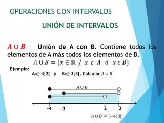 OPERACIONES CON INTERVALOS
𝑨 ∪ 𝑩 Unión de A con B. Contiene todos los
elementos de A más todos los elementos de B.
𝐴 ∪ 𝐵 = {𝑥 ∈ ℝ / 𝑥 𝜖 𝐴 ó 𝑥 𝜖 𝐵}
-4 -3 2 3
Ejemplo:
A=[-4;2[ y B=[-3;3[. Calcular 𝐴 ∪ 𝐵
𝐴 ∪ 𝐵 = [−4;3[
𝐴 ∪ 𝐵
UNIÓN DE INTERVALOS
 