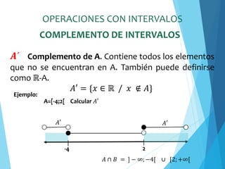 OPERACIONES CON INTERVALOS
𝑨´ Complemento de A. Contiene todos los elementos
que no se encuentran en A. También puede definirse
como ℝ-A.
𝐴′ = {𝑥 ∈ ℝ / 𝑥 ∉ 𝐴}
-4 2
Ejemplo:
A=[-4;2[ Calcular 𝐴′
𝐴 ∩ 𝐵 = ] − ∞;−4[ ∪ [2;+∞[
𝐴′ 𝐴′
COMPLEMENTO DE INTERVALOS
 