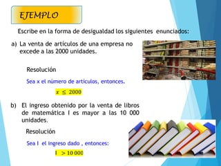 EJEMPLO
Escribe en la forma de desigualdad los siguientes enunciados:
a) La venta de artículos de una empresa no
excede a las 2000 unidades.
b) El ingreso obtenido por la venta de libros
de matemática I es mayor a las 10 000
unidades.
Resolución
Sea x el número de artículos, entonces.
Resolución
Sea I el ingreso dado , entonces:
 