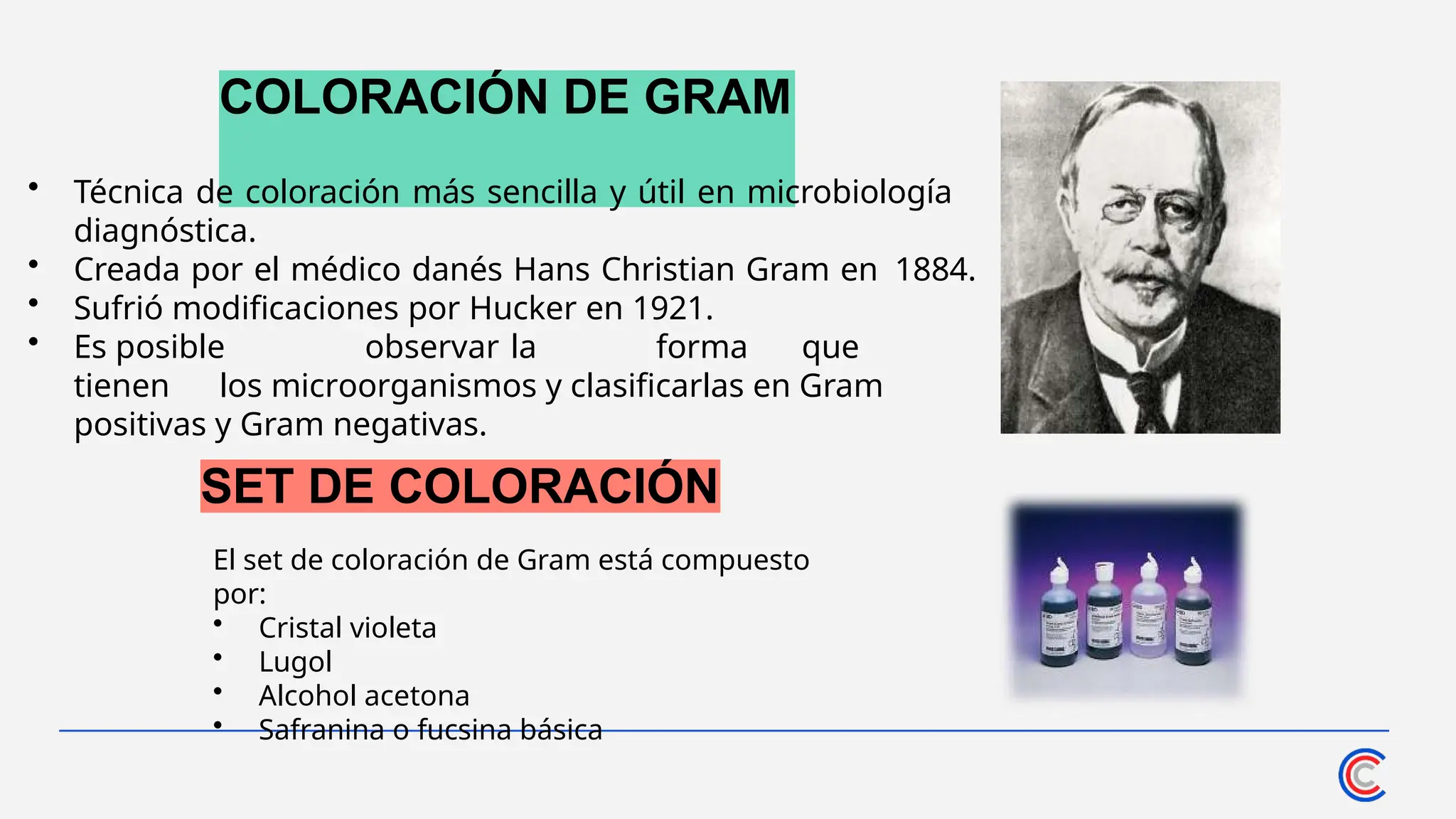 COLORACIÓN DE GRAM
SET DE COLORACIÓN
El set de coloración de Gram está compuesto
por:
• Cristal violeta
• Lugol
• Alcohol acetona
• Safranina o fucsina básica
• Técnica de coloración más sencilla y útil en microbiología
diagnóstica.
• Creada por el médico danés Hans Christian Gram en 1884.
• Sufrió modificaciones por Hucker en 1921.
• Es posible observar la forma que
tienen los microorganismos y clasificarlas en Gram
positivas y Gram negativas.
 
