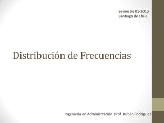 Distribución de Frecuencias
Semestre 01-2013
Santiago de Chile
Ingeniería en Administración. Prof. Rubén Rodríguez
 