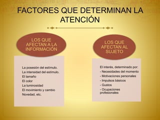 FACTORES QUE DETERMINAN LA
ATENCIÓN
La posesión del estímulo.
La intensidad del estímulo.
El tamaño
El color
La luminosidad
El movimiento y cambio
Novedad, etc.
LOS QUE
AFECTAN A LA
INFORMACIÓN
El interés, determinado por:
- Necesidades del momento
- Motivaciones personales
- Impulsos básicos
- Gustos
- Ocupaciones
profesionales
LOS QUE
AFECTAN AL
SUJETO
 
