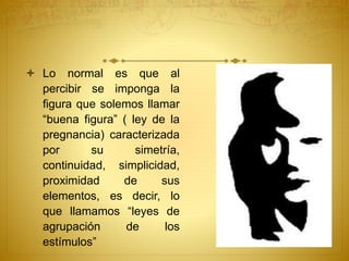  Lo normal es que al
percibir se imponga la
figura que solemos llamar
“buena figura” ( ley de la
pregnancia) caracterizada
por su simetría,
continuidad, simplicidad,
proximidad de sus
elementos, es decir, lo
que llamamos “leyes de
agrupación de los
estímulos”
 