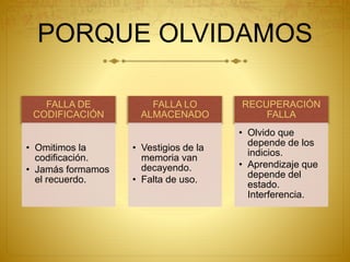 PORQUE OLVIDAMOS
FALLA DE
CODIFICACIÓN
• Omitimos la
codificación.
• Jamás formamos
el recuerdo.
FALLA LO
ALMACENADO
• Vestigios de la
memoria van
decayendo.
• Falta de uso.
RECUPERACIÓN
FALLA
• Olvido que
depende de los
indicios.
• Aprendizaje que
depende del
estado.
Interferencia.
 