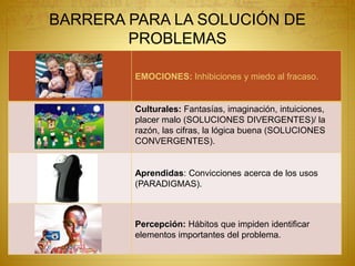 BARRERA PARA LA SOLUCIÓN DE
PROBLEMAS
EMOCIONES: Inhibiciones y miedo al fracaso.
Culturales: Fantasías, imaginación, intuiciones,
placer malo (SOLUCIONES DIVERGENTES)/ la
razón, las cifras, la lógica buena (SOLUCIONES
CONVERGENTES).
Aprendidas: Convicciones acerca de los usos
(PARADIGMAS).
Percepción: Hábitos que impiden identificar
elementos importantes del problema.
 