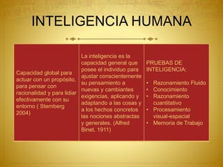 INTELIGENCIA HUMANA
Capacidad global para
actuar con un propósito,
para pensar con
racionalidad y para lidiar
efectivamente con su
entorno ( Sternberg
2004)
La inteligencia es la
capacidad general que
posee el individuo para
ajustar conscientemente
su pensamiento a
nuevas y cambiantes
exigencias, aplicando y
adaptando a las cosas y
a los hechos concretos
las nociones abstractas
y generales. (Alfred
Binet, 1911)
PRUEBAS DE
INTELIGENCIA:
• Razonamiento Fluido
• Conocimiento
• Razonamiento
cuantitativo
• Procesamiento
visual-espacial
• Memoria de Trabajo
 