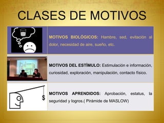 CLASES DE MOTIVOS
MOTIVOS BIOLÓGICOS: Hambre, sed, evitación al
dolor, necesidad de aire, sueño, etc.
MOTIVOS DEL ESTÍMULO: Estimulación e información,
curiosidad, exploración, manipulación, contacto físico.
MOTIVOS APRENDIDOS: Aprobación, estatus, la
seguridad y logros.( Pirámide de MASLOW)
 