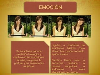 EMOCIÓN
Se caracteriza por una
excitación fisiológica y
cambios en las expresiones
faciales, los gestos, la
postura, y las sensaciones
subjetivas.
Ligadas a conductas de
adaptación básicas como
atacar, huir, buscar consuelo,
ayudar a otros.
Cambios físicos como la
frecuencia cardíaca, la
presión sanguínea, la
sudoración y otras
alteraciones del cuerpo.
 