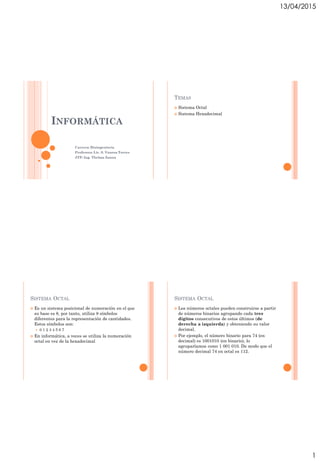 13/04/2015
1
INFORMÁTICA
Carrera: Bioingeniería
Profesora: Lic. S. Vanesa Torres
JTP: Ing. Thelma Zanon
TEMAS
 Sistema Octal
 Sistema Hexadecimal
SISTEMA OCTAL
 Es un sistema posicional de numeración en el que
su base es 8, por tanto, utiliza 8 símbolos
diferentes para la representación de cantidades.
Estos símbolos son:
 0 1 2 3 4 5 6 7
 En informática, a veces se utiliza la numeración
octal en vez de la hexadecimal
SISTEMA OCTAL
 Los números octales pueden construirse a partir
de números binarios agrupando cada tres
dígitos consecutivos de estos últimos (de
derecha a izquierda) y obteniendo su valor
decimal.
 Por ejemplo, el número binario para 74 (en
decimal) es 1001010 (en binario), lo
agruparíamos como 1 001 010. De modo que el
número decimal 74 en octal es 112.
 