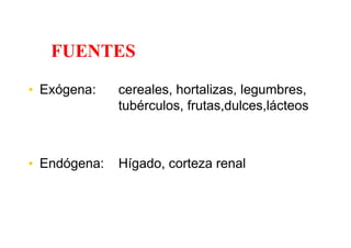 FUENTES

• Exógena:    cereales, hortalizas, legumbres,
              tubérculos, frutas,dulces,lácteos



• Endógena:   Hígado, corteza renal
 