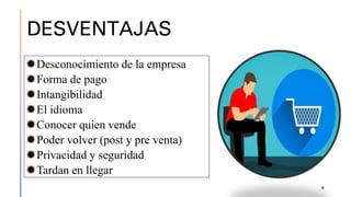 DESVENTAJAS
9
Desconocimiento de la empresa
Forma de pago
Intangibilidad
El idioma
Conocer quien vende
Poder volver (post y pre venta)
Privacidad y seguridad
Tardan en llegar
 