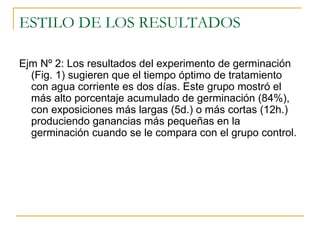ESTILO DE LOS RESULTADOS  Ejm Nº 2: Los resultados del experimento de germinación (Fig. 1) sugieren que el tiempo óptimo de tratamiento con agua corriente es dos días. Este grupo mostró el más alto porcentaje acumulado de germinación (84%), con exposiciones más largas (5d.) o más cortas (12h.) produciendo ganancias más pequeñas en la germinación cuando se le compara con el grupo control. 