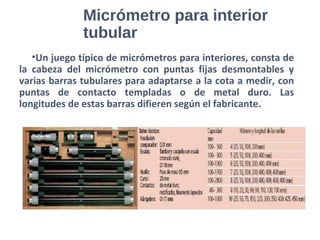 Micrómetro para interior
tubular
•Un juego típico de micrómetros para interiores, consta de
la cabeza del micrómetro con puntas fijas desmontables y
varias barras tubulares para adaptarse a la cota a medir, con
puntas de contacto templadas o de metal duro. Las
longitudes de estas barras difieren según el fabricante.
 