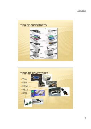 16/09/2013
8
TIPO DE CONECTORES
TIPOS DE CONECTORES
VGA
USB
HDMI
PS/2
RED
 