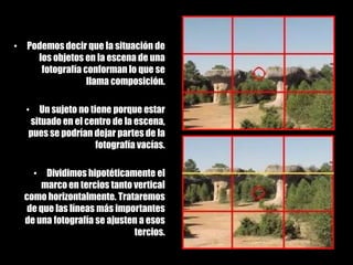 Podemos decir que la situación de los objetos en la escena de una fotografía conforman lo que se llama composición.Un sujeto no tiene porque estar situado en el centro de la escena, pues se podrían dejar partes de la fotografía vacías. Dividimos hipotéticamente el marco en tercios tanto vertical como horizontalmente. Trataremos de que las líneas más importantes de una fotografía se ajusten a esos tercios.