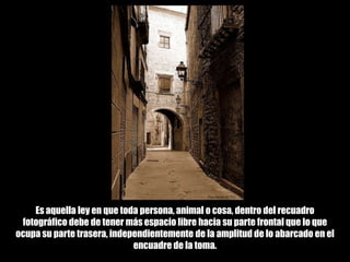 Es aquella ley en que toda persona, animal o cosa, dentro del recuadro fotográfico debe de tener más espacio libre hacia su parte frontal que lo que ocupa su parte trasera, independientemente de la amplitud de lo abarcado en el encuadre de la toma. 