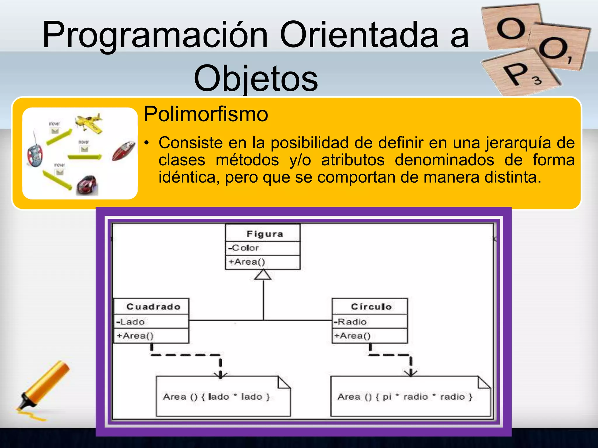 Programación Orientada a
Objetos
Polimorfismo
• Consiste en la posibilidad de definir en una jerarquía de
clases métodos y/o atributos denominados de forma
idéntica, pero que se comportan de manera distinta.
 