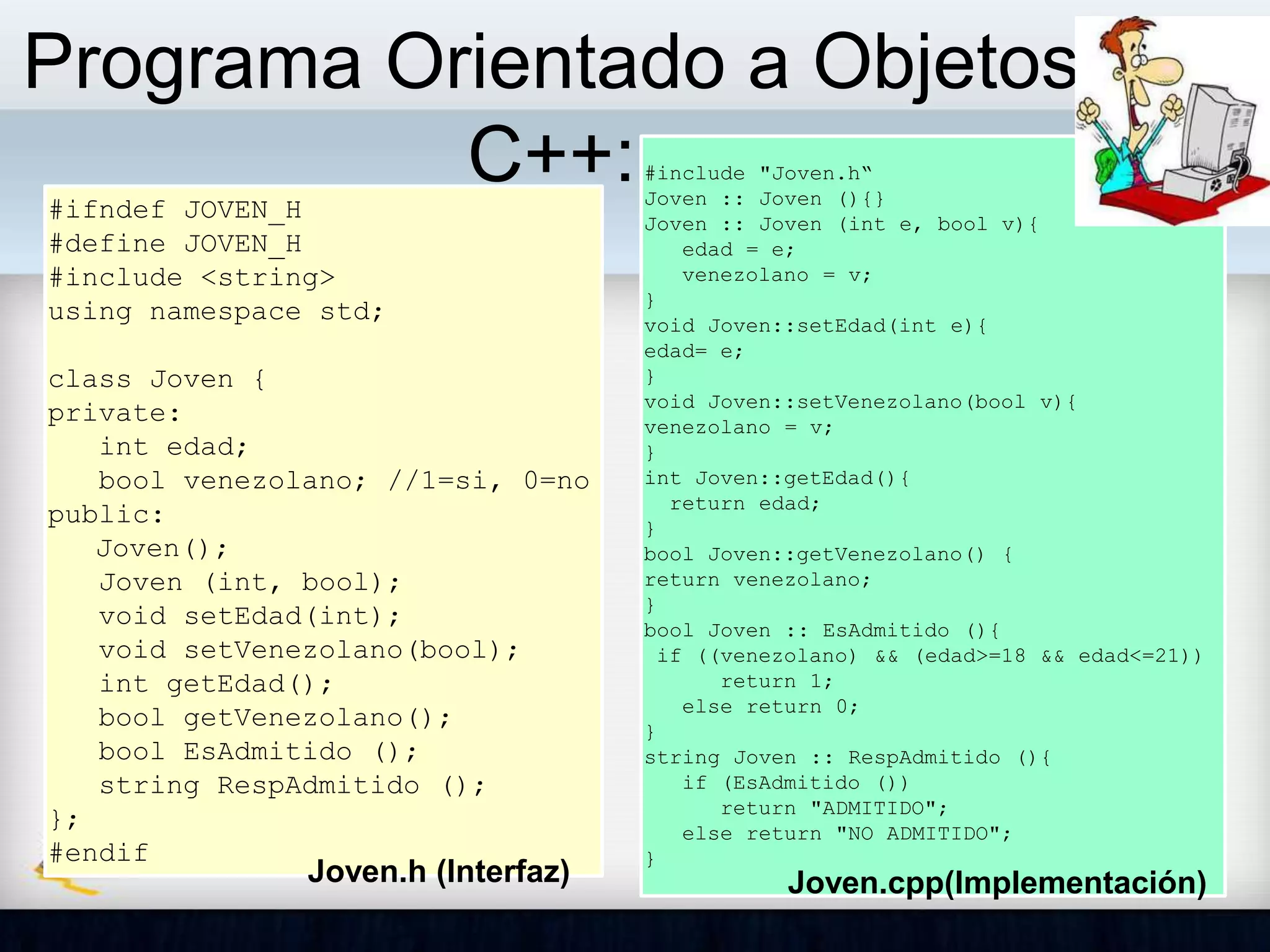 Programa Orientado a Objetos
C++:#ifndef JOVEN_H
#define JOVEN_H
#include <string>
using namespace std;
class Joven {
private:
int edad;
bool venezolano; //1=si, 0=no
public:
Joven();
Joven (int, bool);
void setEdad(int);
void setVenezolano(bool);
int getEdad();
bool getVenezolano();
bool EsAdmitido ();
string RespAdmitido ();
};
#endif
#include "Joven.h“
Joven :: Joven (){}
Joven :: Joven (int e, bool v){
edad = e;
venezolano = v;
}
void Joven::setEdad(int e){
edad= e;
}
void Joven::setVenezolano(bool v){
venezolano = v;
}
int Joven::getEdad(){
return edad;
}
bool Joven::getVenezolano() {
return venezolano;
}
bool Joven :: EsAdmitido (){
if ((venezolano) && (edad>=18 && edad<=21))
return 1;
else return 0;
}
string Joven :: RespAdmitido (){
if (EsAdmitido ())
return "ADMITIDO";
else return "NO ADMITIDO";
}
Joven.h (Interfaz) Joven.cpp(Implementación)
 